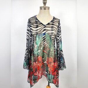 Dor Dor Couture Sheer Zebra Floral Kimono Open Front Cover Up Size Small